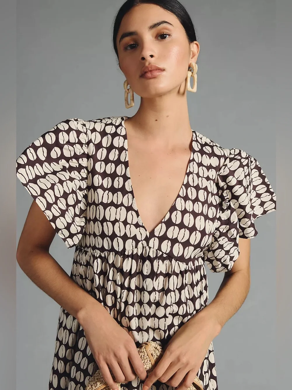 Anthropologie Maeve Printed Flutter-Sleeve Cotton Babydoll Midi Dress in Cocoa - Picture 3 of 11